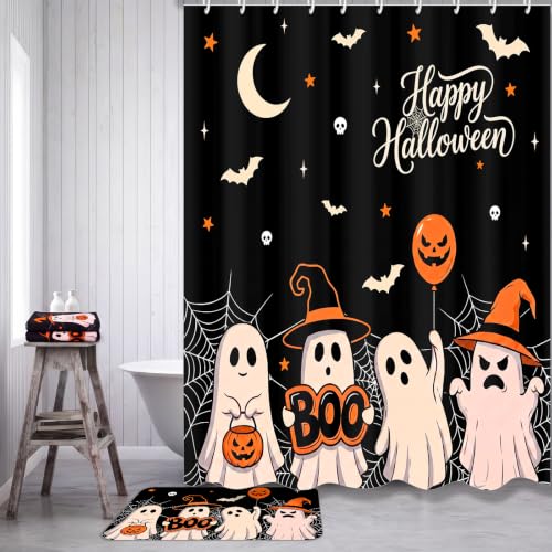 Tiamon Black Ghost Halloween Bathroom Shower Curtain Set - 7 Pcs