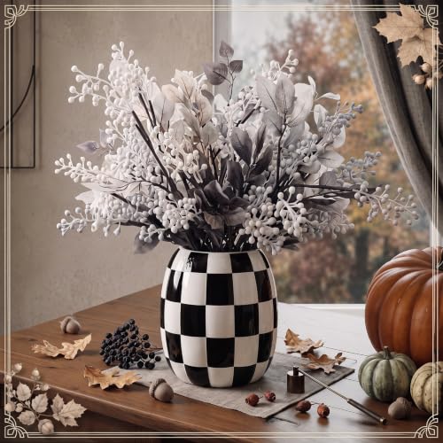 Black and White Checkered Ceramic Pumpkin Vase - 6.7 Inch Fall Decor