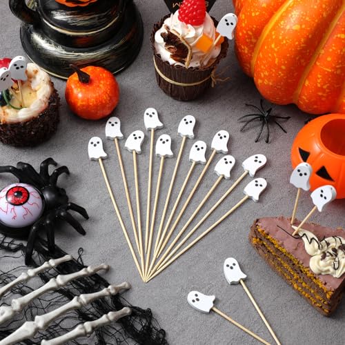 Halloween Ghost Cocktail Picks - 100 Bamboo Food Skewers for Party