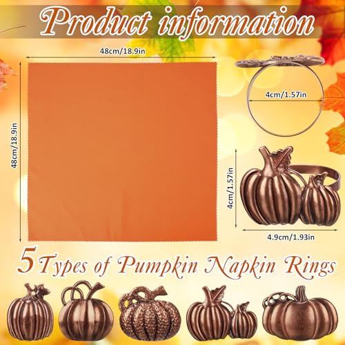 Fall & Thanksgiving Napkin Ring Set with Cloth Napkins - Pumpkin Design, 24 Pieces