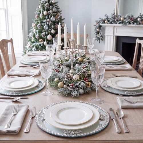 Silver Mirrored Glass Charger Plates 13 Inch - Christmas Style Rim - Set of 6