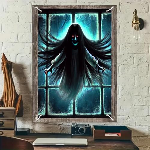 Halloween Floating Ghost Window Cover - 31x47 Inch Polyester, Ghost Girl Variation