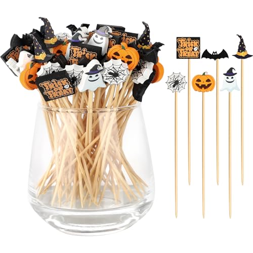 Halloween Cocktail Picks Set - 6 Unique Bamboo Toothpick Decorations for Parties