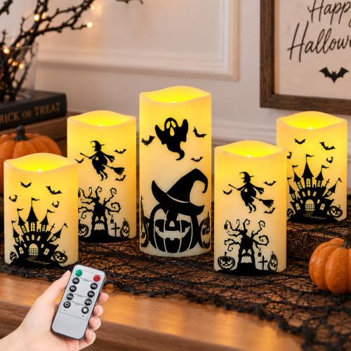 Halloween Flameless LED Pillar Candles with Remote Timer - 5 Pack