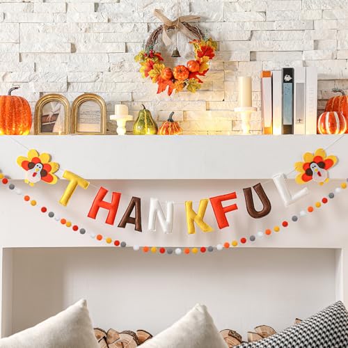 Thankful Thanksgiving Felt Banner with Pom Poms and 3D Letters - Fall Decor