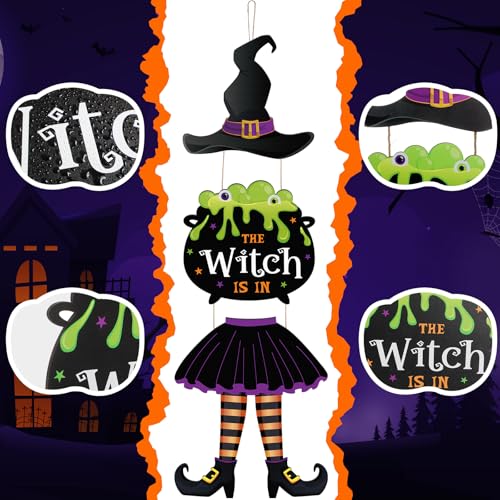 Halloween Witch Sign Decor Set - Wooden Hanging Wall Decorations for Party and Home