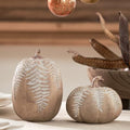 Fall Pumpkin Decorations Set - Brown Faux Pumpkins with Leaf Carving, 2 Pieces