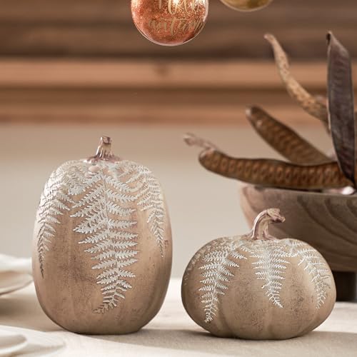 Fall Pumpkin Decorations Set - Brown Faux Pumpkins with Leaf Carving, 2 Pieces