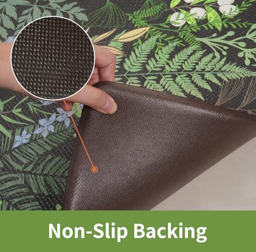Petmolico 2Pcs Anti-Fatigue Kitchen Mats - Black & Green Plant Leaf Design, Non-Slip Cushioned Support