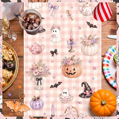 Pink Halloween Ghost Table Runner - Cute Gingham Party Decor, 13x72 inches - Variation of Pink Ghost