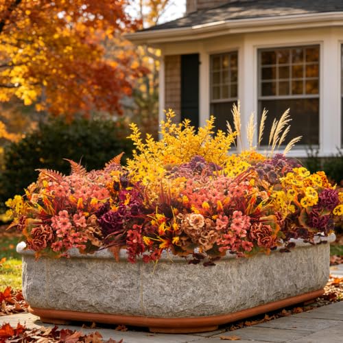 Artificial Fall Flowers Outdoor Decor - UV Resistant Faux Mums - Orange Yellow, 13.5 Inch