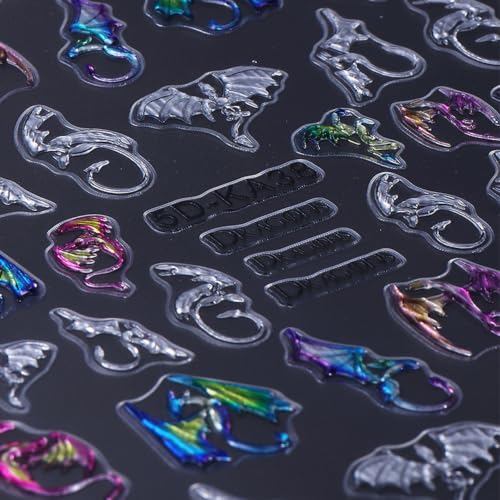 Self-Adhesive Halloween 5D Nail Stickers - Silver Bat Flying Dragon Pattern, 2 Sheets