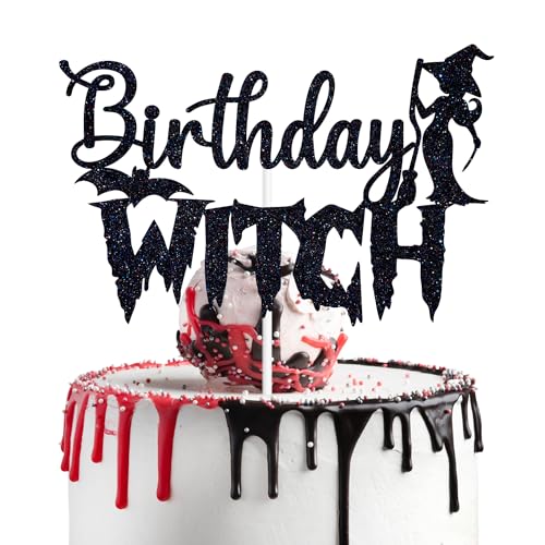 Black Glitter Birthday Witch Cake Topper Halloween 20th 30th 40th 50th Celebration Decor