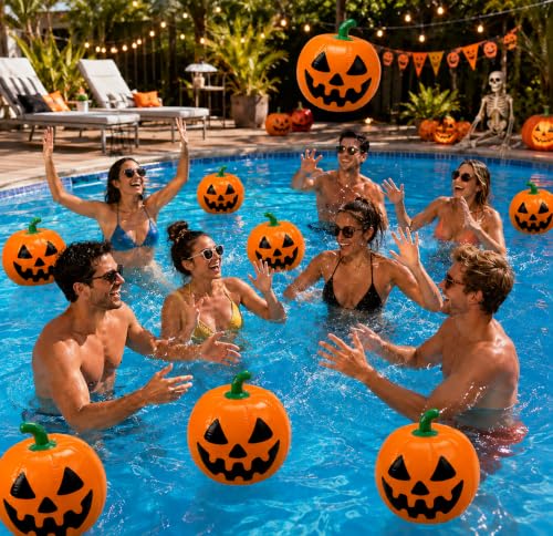 16 Pack Halloween Pumpkin Pool Floats - Inflatable Jack O Lantern Beach Balls