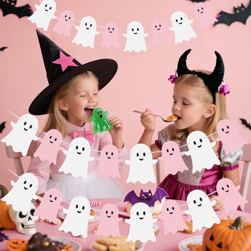 Pink and White Ghost Banner Set for Halloween and Parties - 2 Pieces Garland