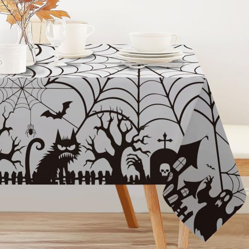 Halloween Spider Web Table Cloth - Black Castle Rectangular Fabric 90x60 Inches for Parties