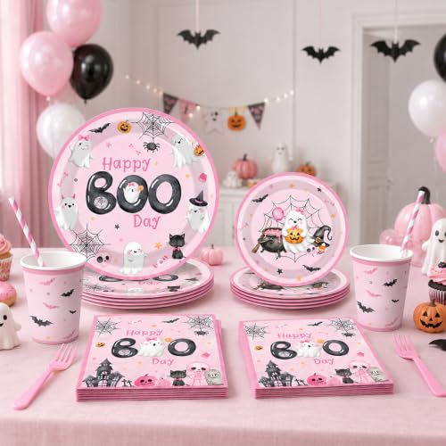 Pink Halloween Boo Day Party Decorations Kit for Spooky Birthday - Serves 20 with Banners Balloons Napkins Plates & Toppers - Variation: Pink