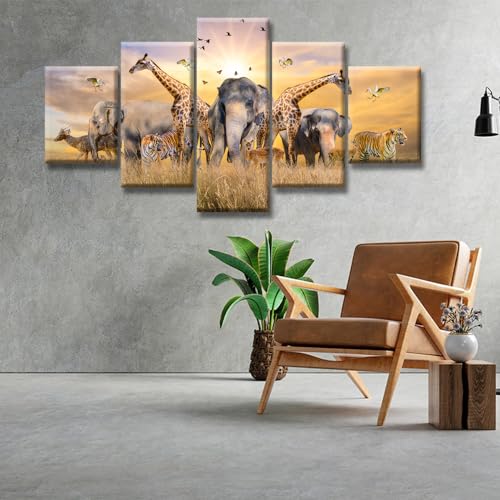 Animal Wildlife Conservation Canvas Wall Art - 5 Piece Framed Set - Variation Animal-9 32x60 Inch