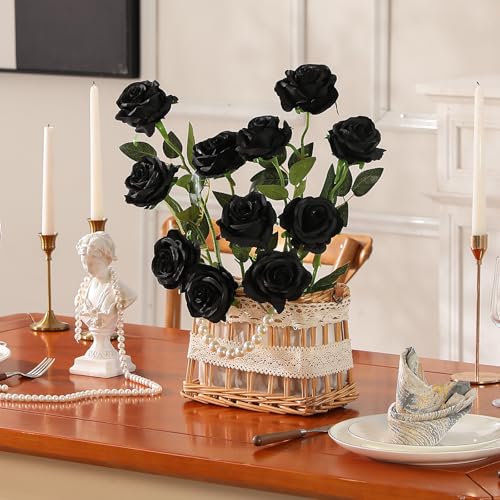 Black Artificial Silk Roses Set of 50 – Realistic Long Stem Flowers for Weddings & Decor