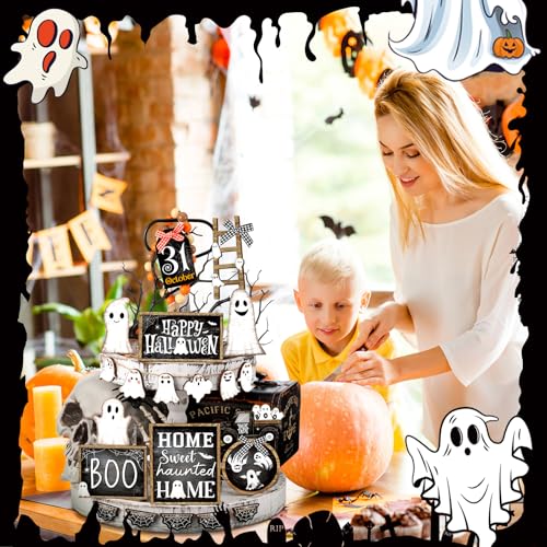Halloween Wooden Tiered Tray Decorations Set Ghost Black & White - MiniInflat