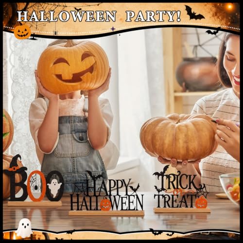 Halloween Metal Sign Set - Happy Halloween Boo Trick or Treat with Wooden Bases - 3 Pieces - Halloween Variation