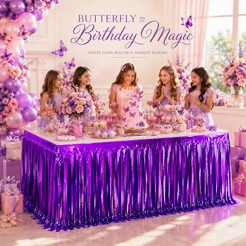 4 Pack Purple Foil Fringe Table Skirt - 29x108 Inch Metallic Tinsel Streamers