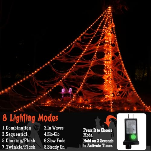 Halloween Spider Web Lights with Spider & Cobweb - Orange - 250LED Outdoor Decoration
