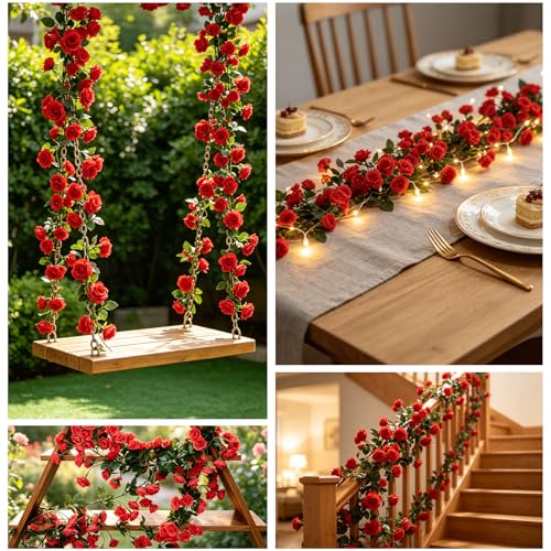 Red Artificial Flower Garland 24FT - Faux Rose Vines for Wedding & Home Decor