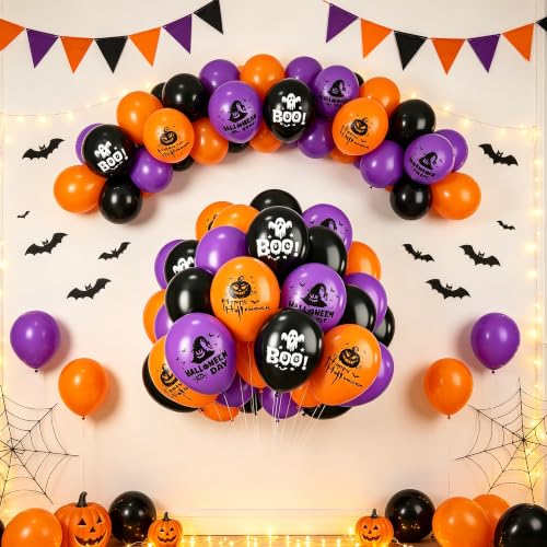 Halloween Balloons Set - Orange Black & Purple | 50 Pack Latex Party Decorations