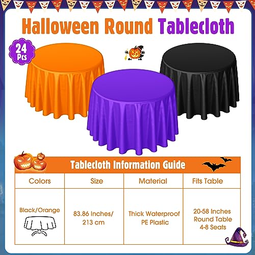 24 Pack 84 Inch Round Plastic Tablecloths - Black, Purple, Orange, Disposable