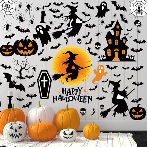 Halloween Witch Wall Sticker Decals - 6 Sheets, Spooky Ghost Bat Pumpkin