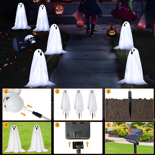 Solar Ghost String Lights for Halloween Garden Pathway Decor - 12.8 FT, 6 Pack