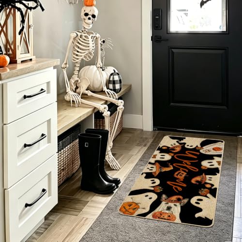 Halloween Ghost Door Mat - 17 x 36 Inch Spooky Welcome Rug with Non-Slip Rubber Backing