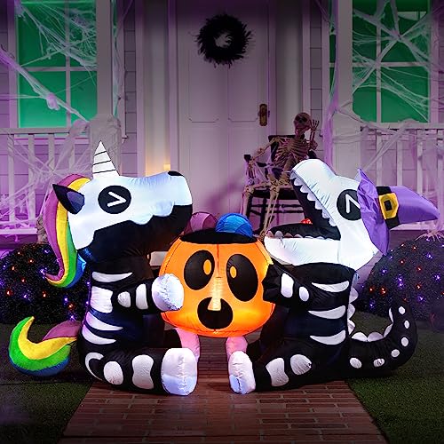 6FT Halloween Inflatable Skeleton Unicorn & Dinosaur Yard Decor with LED Lights