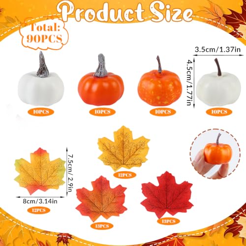 Mini Foam Pumpkins and Maple Leaves Fall Decor Set - White, Orange, Yellow, Speckled
