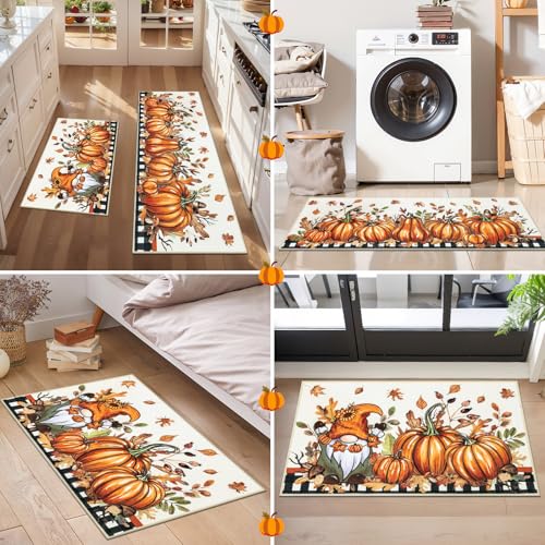 Fall Kitchen Rugs Set of 3 - Washable Pumpkin Runner Rug with Dwarf Pumpkins Variation