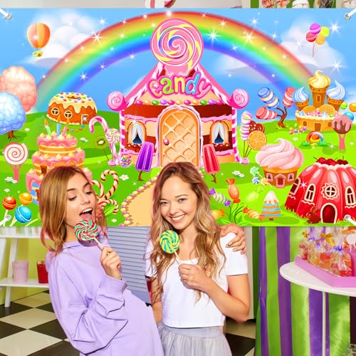 Candyland Theme Backdrop Rainbow Candy House & Dessert Banner for Kids Birthday Party