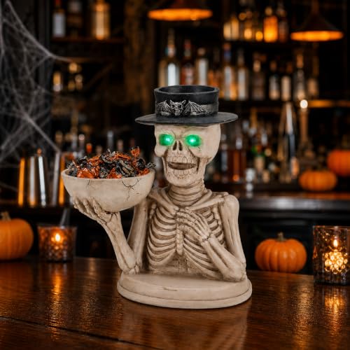 Ivory Skeleton Candy Bowl and Candle Holder with Glowing Eyes - Halloween Decor