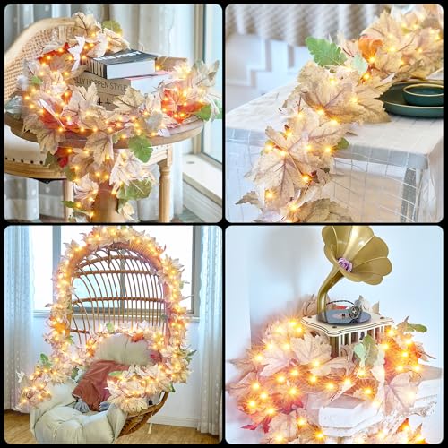 9ft Fall Garland Lights with 50 Warm Incandescent Bulbs - Indoor Outdoor Thanksgiving Decor