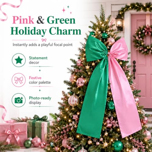 Large Pink and Green Satin Bow Christmas Tree Topper Decor 25x47 Inch