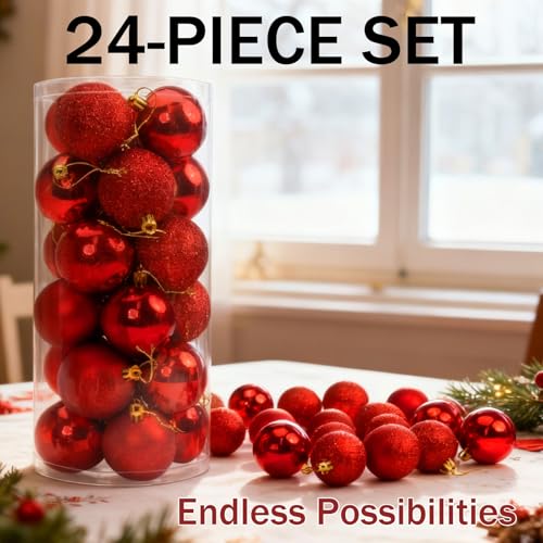 Red Christmas Ornaments Set - 24 Shatterproof Holiday Tree Bulbs
