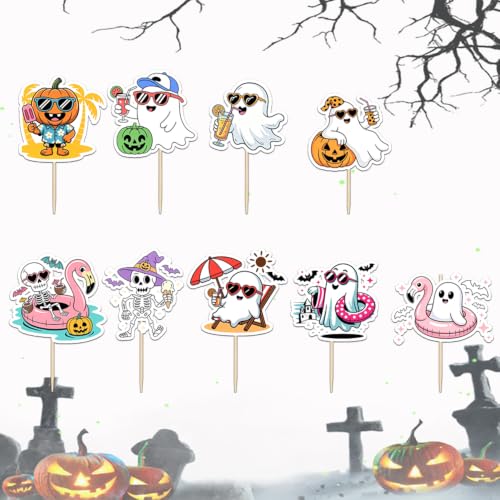 36 Pcs Summer Halloween Cupcake Toppers - Ghost Beach Cake Decorations for Parties