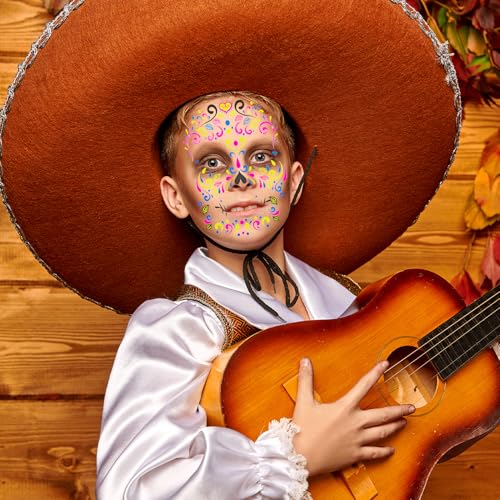 Glow UV Skeleton Temporary Tattoos - Day of The Dead Sugar Skull Face Stickers, 9 Sheets