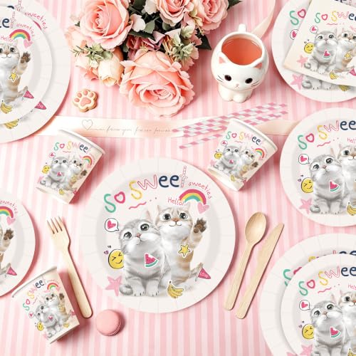 Pink Cat Birthday Party Plate Set for Kids - Serves 25 Guests, Disposable Tableware Kit