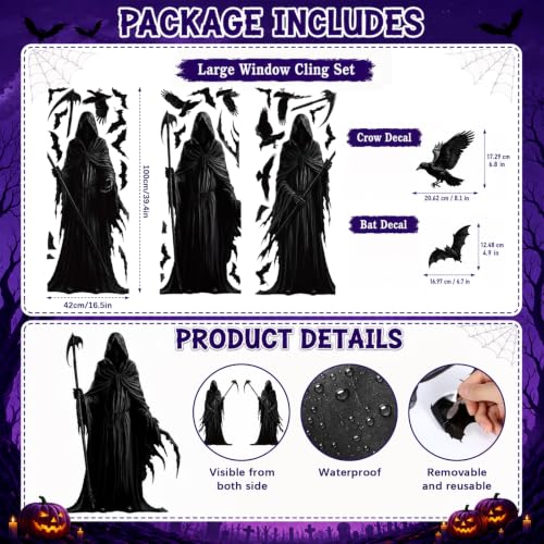Halloween Grim Reaper Window Clings Decor Set - Extra Large Spooky Decals for Glass