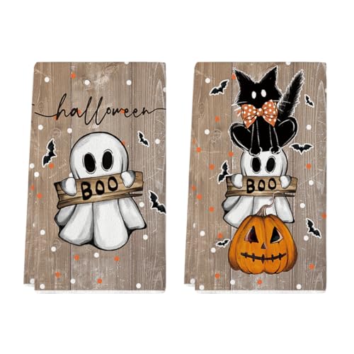 Wood Cat Ghost Halloween Kitchen Towels Set of 2 - 18x26 Inches, Artoid Mode