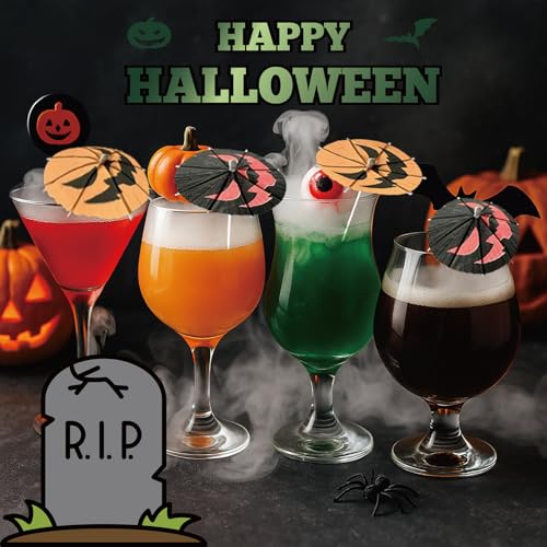 Halloween Pumpkin Cocktail Picks - Red-Black Spooky Drink Stirrers, Party Decor, 140 Pack