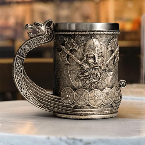 Brown Viking Beer Mug with Dragon Handle, 18 Oz Coffee Cup, Medieval Style
