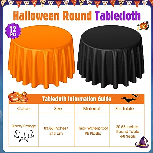 12 pcs Halloween Round Plastic Tablecloths 84 Inch - Black & Orange