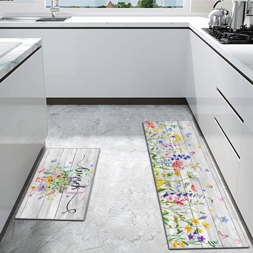 Spring Kitchen Rug Set of 2 Non-Slip Washable Floral & Wood Grain Mats - Spring